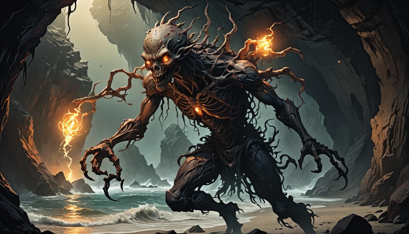 Dark Fantasy Creature Emerges from Seaside Cave
