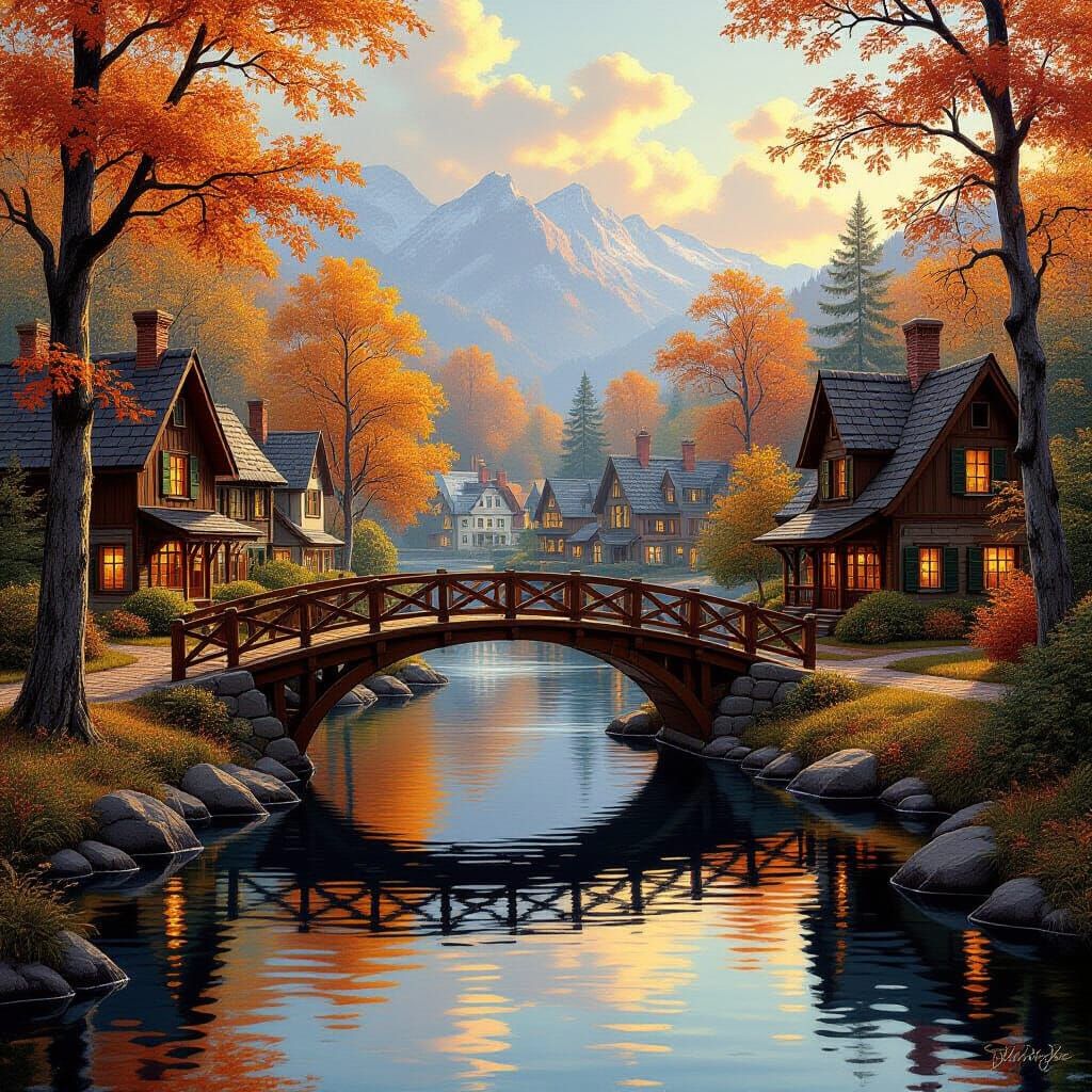 Peaceful Autumn Village Oil Painting with Wooden Bridge