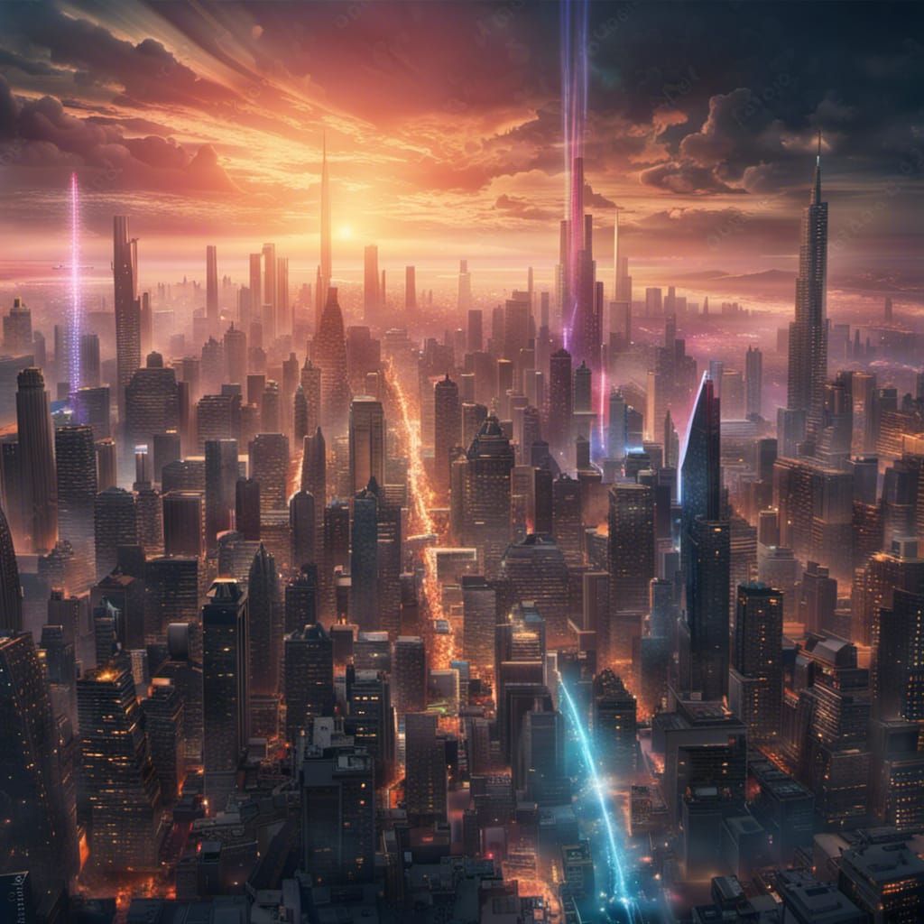 Colorful City Skyline with Floating Auras