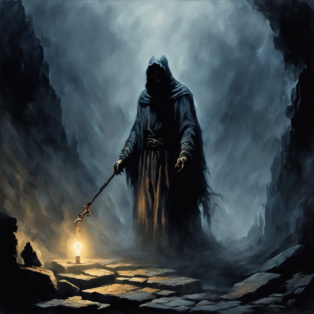 Dark Fantasy Figure Emerging from Mist