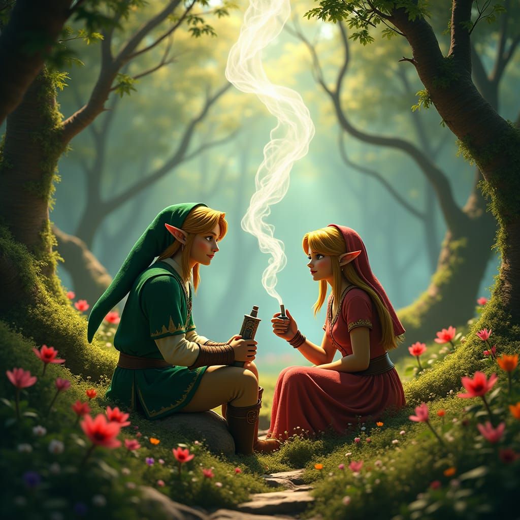 Link and Zelda Share Ocarina in Mystical Forest