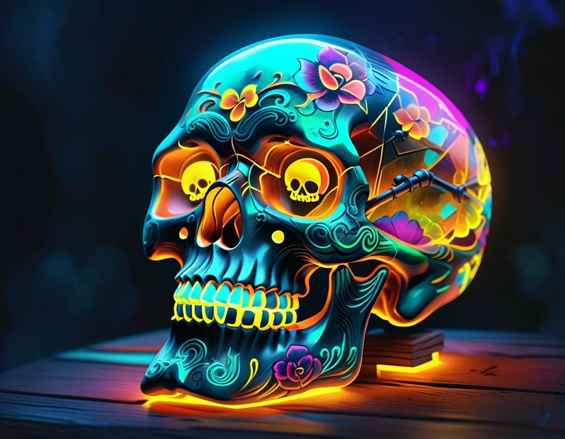 Exotic Neon Skull Tattoo in Abstract Style