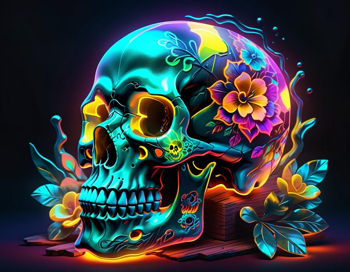 Neon Glass Skull Tattoo: Abstract Digital Art