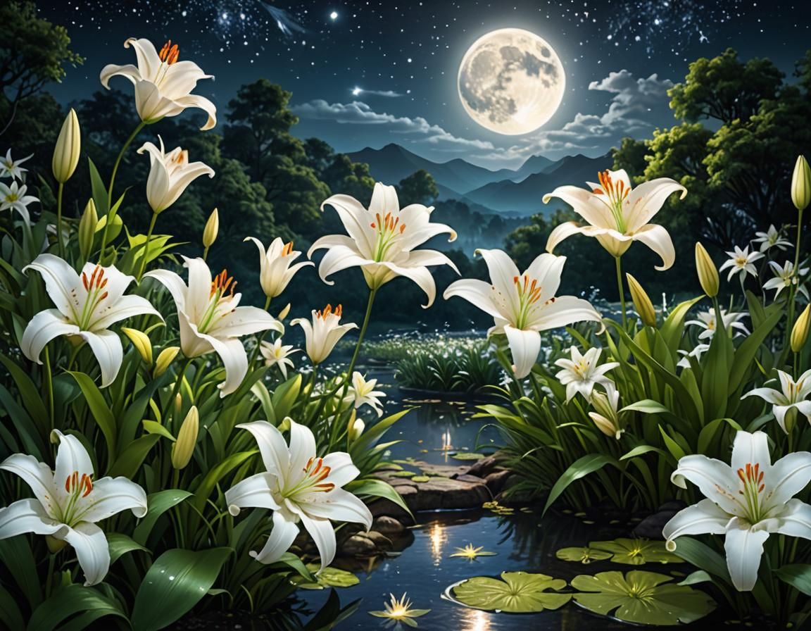 Moonlit White Lilies in Utopian Fantasy Art