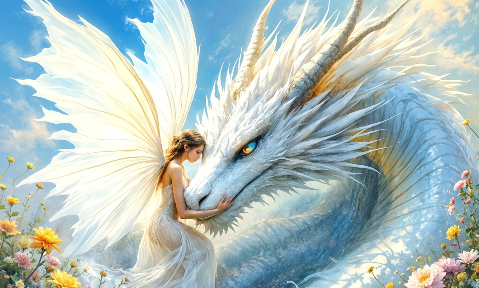 Glowing Fairy Empresses a Majestic White Dragon