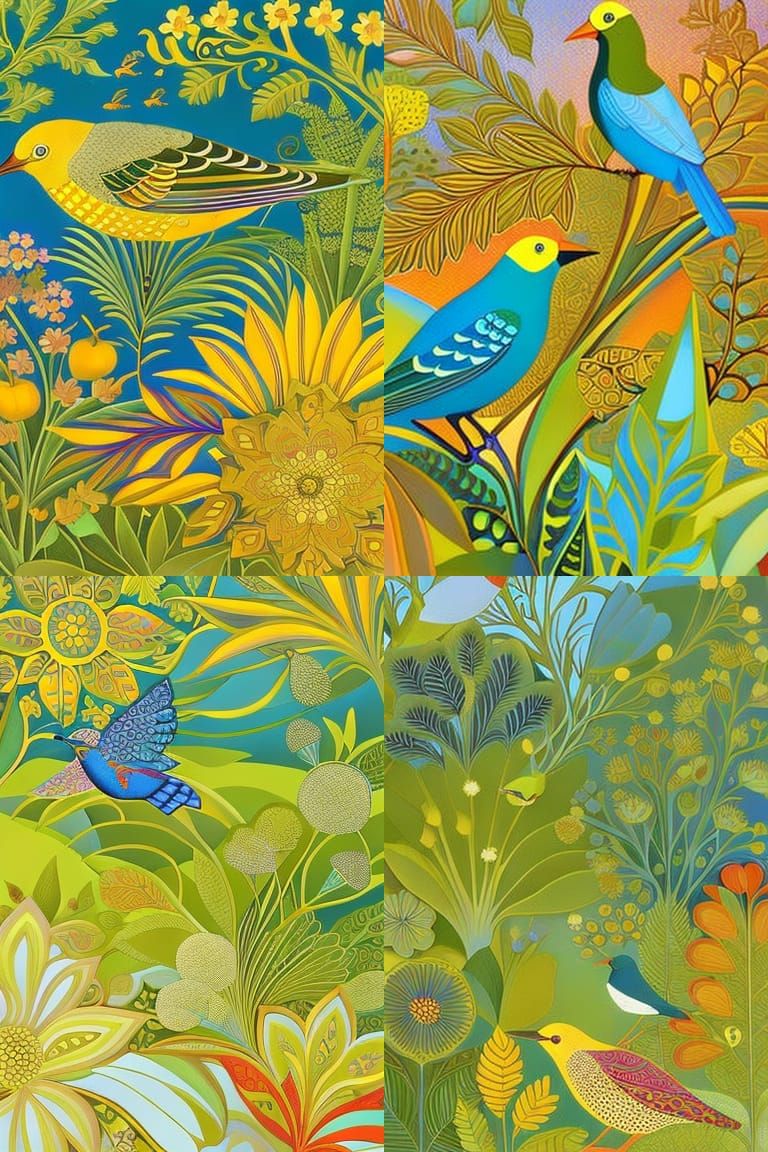 Detailed Patchwork with Birds and Flowers in Vivid Colors