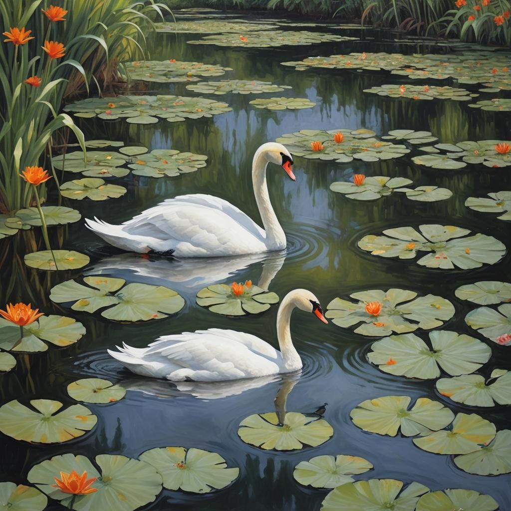 Elegant White Swan in Pond: Impressionistic Style