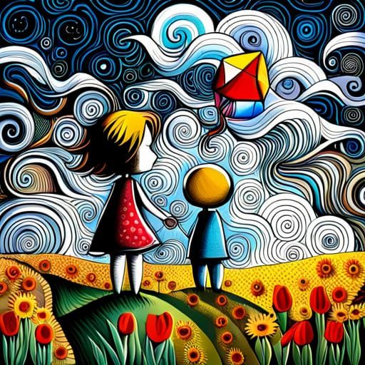 Chibi Children Fly Kite in Floral Fantasy