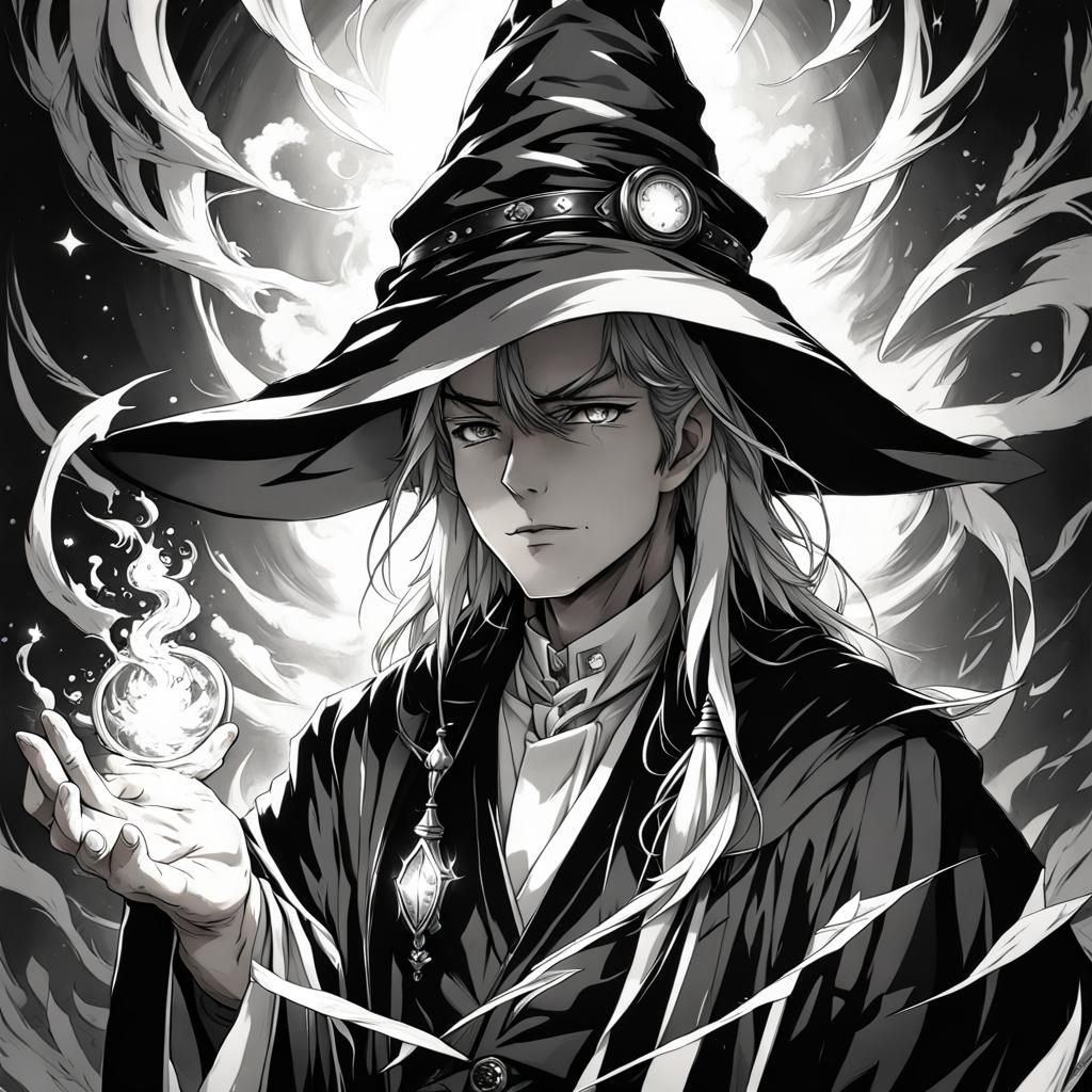 Monochrome Fantasy Wizard in Anime Style