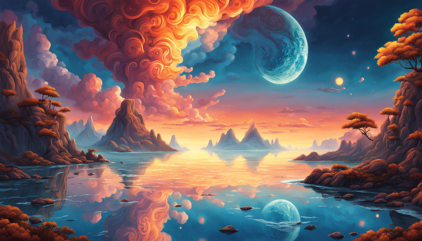 Fantasy Seascape with Islands and Starry Sky
