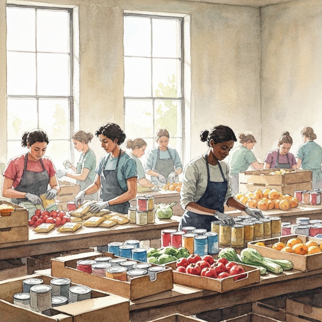 Volunteers Sorting Food at Community Food Bank in Watercolor...