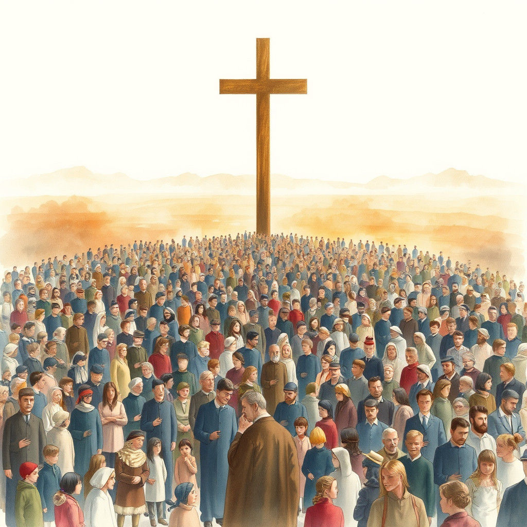 People Form Christian Cross in Watercolor Landscape