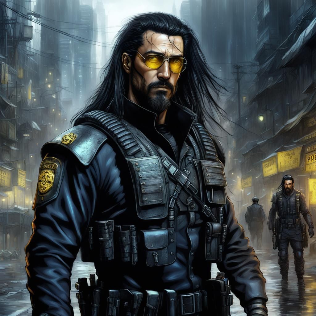 Cyberpunk Policeman with Yellow Eyes in Detailed Matte Paint...