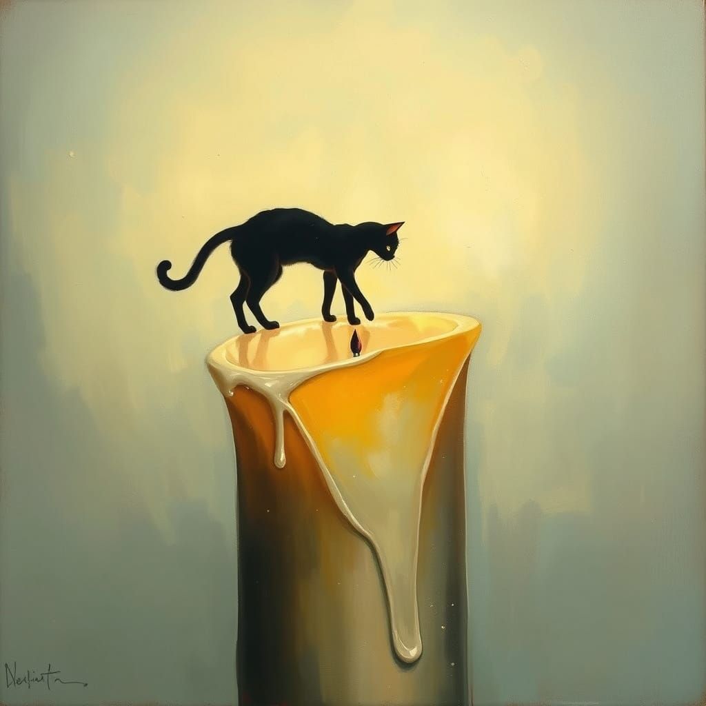 Cat-Woman Silhouette Candle in Surreal Melting Oil Style