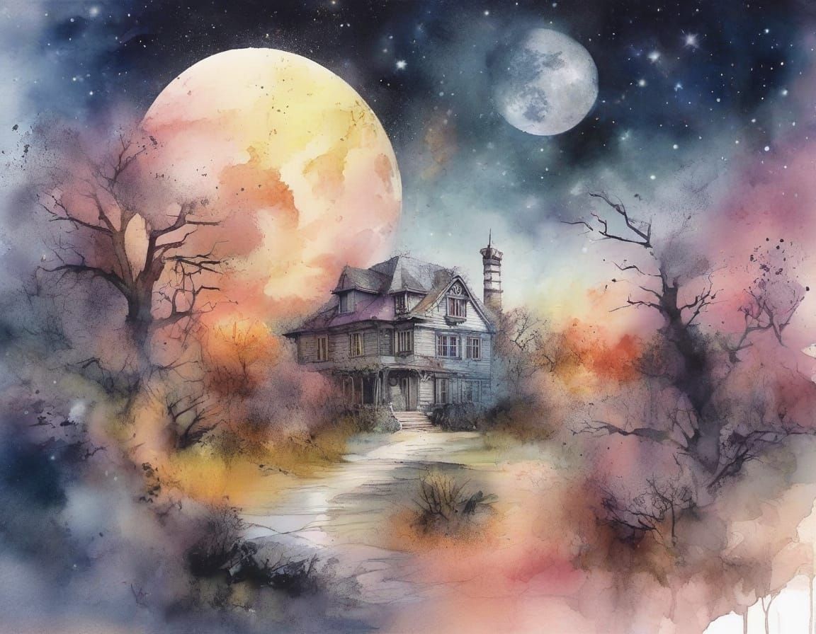 Whimsical Treehouse on the Lunar Surface in Dreamy Watercolo...