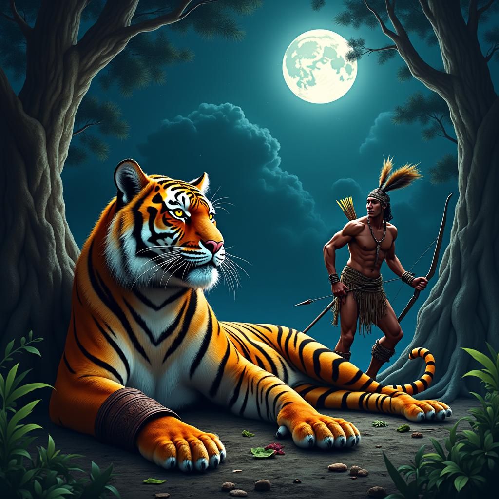 Tiger Sipping Yerba Mate Attacked by Guaraní Warrior