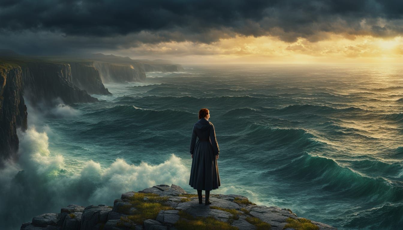 Woman on Windswept Cliff Overlooking Stormy Sea