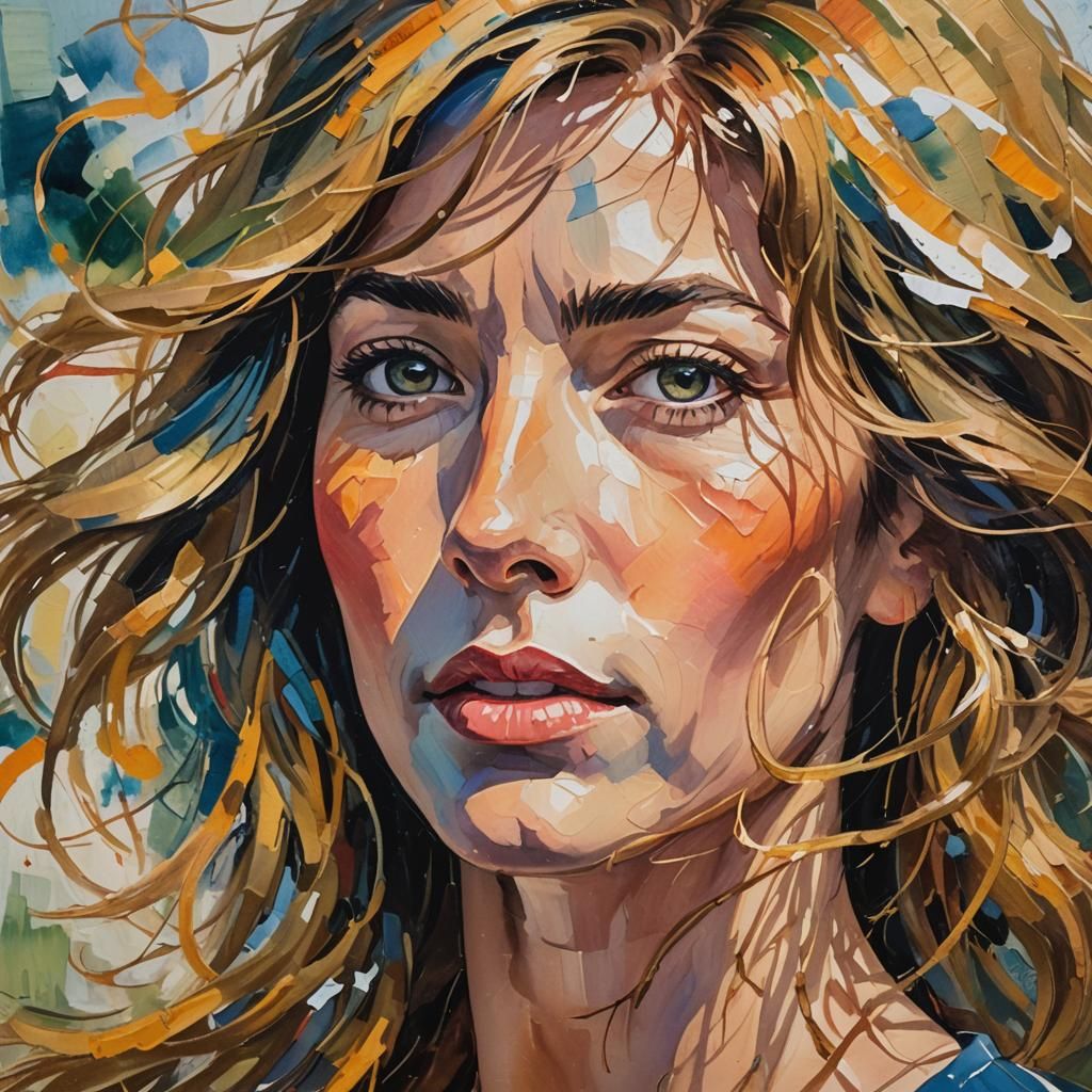 Woman's Face in Wind: An Impressionist Gouache Painting