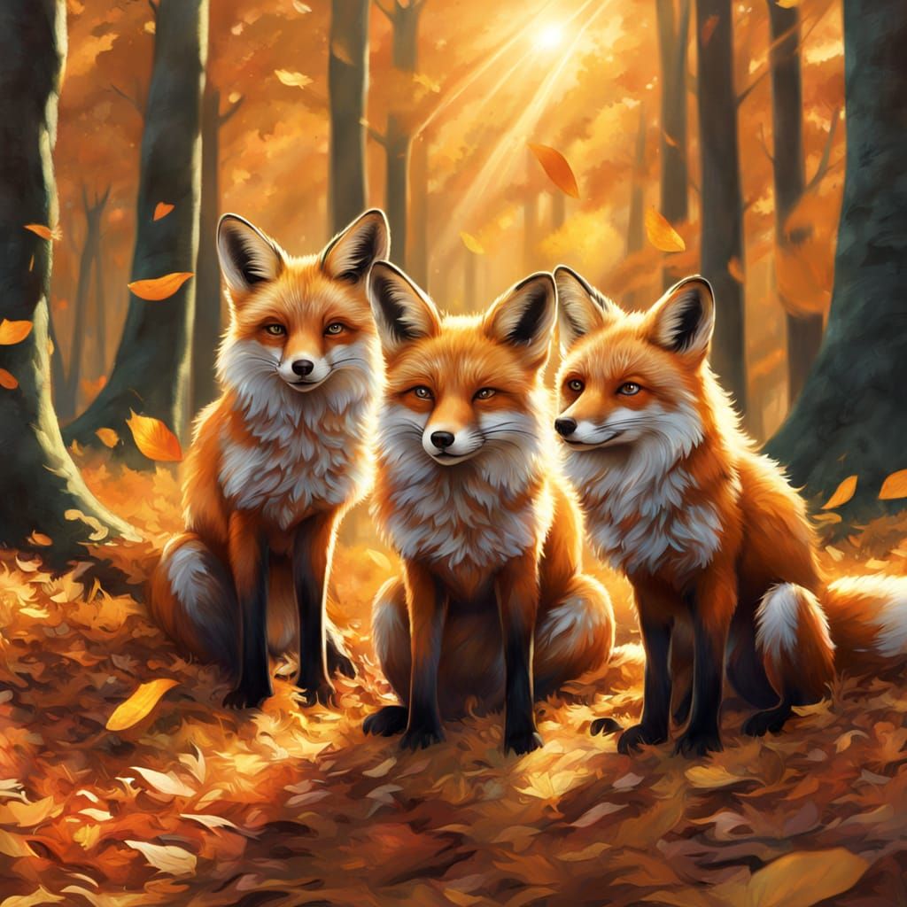 Three Foxes Play in Golden Autumn Forest