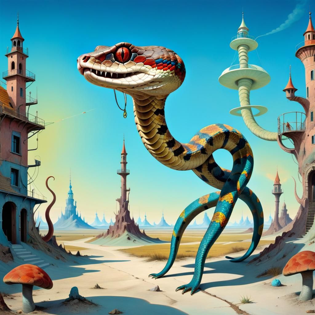 Surrealist Rattlesnake Strutting in Solarpunk World