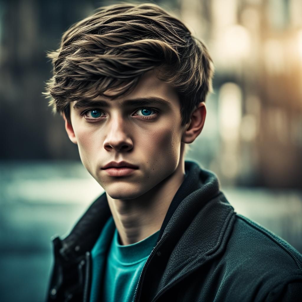 Hyperrealistic Portrait of a Boy with Teal Eyes