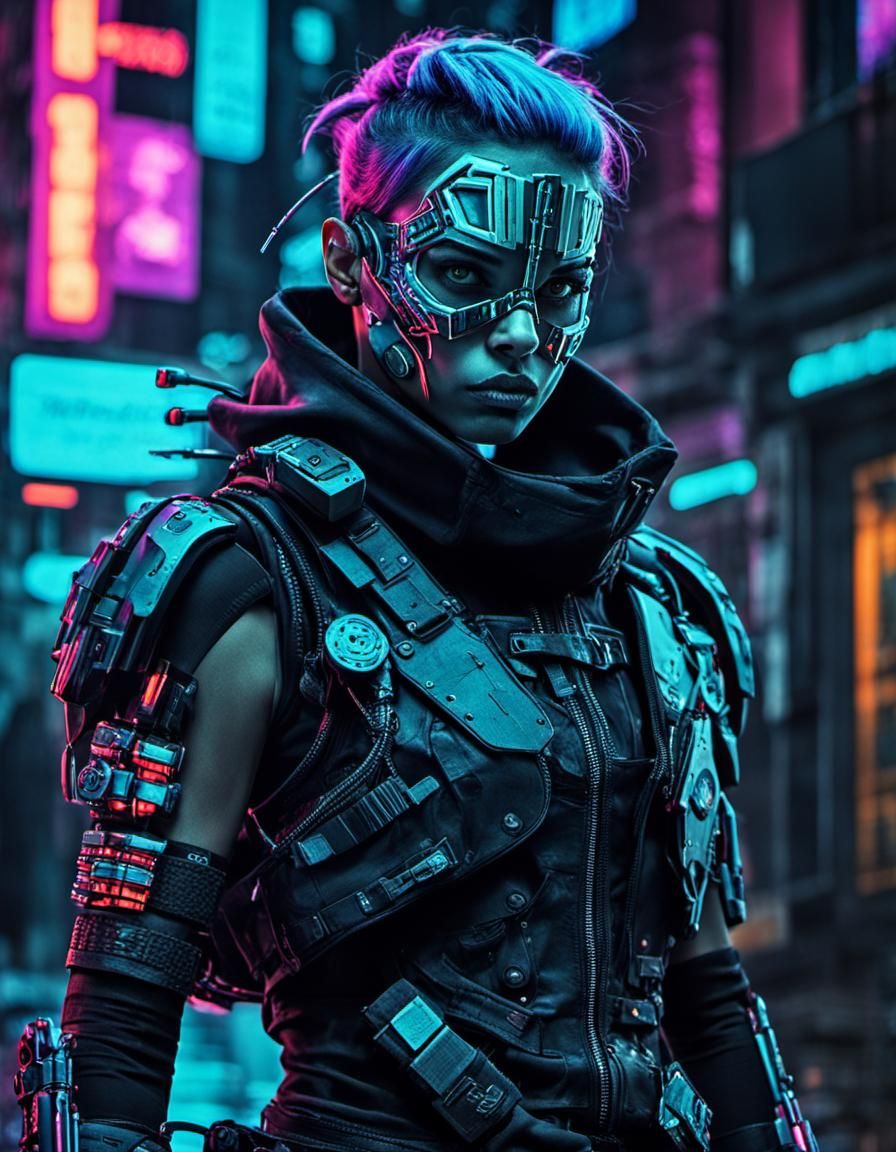 Cybernetic Assassin in Wirepunk Dystopia: Digital Street Art