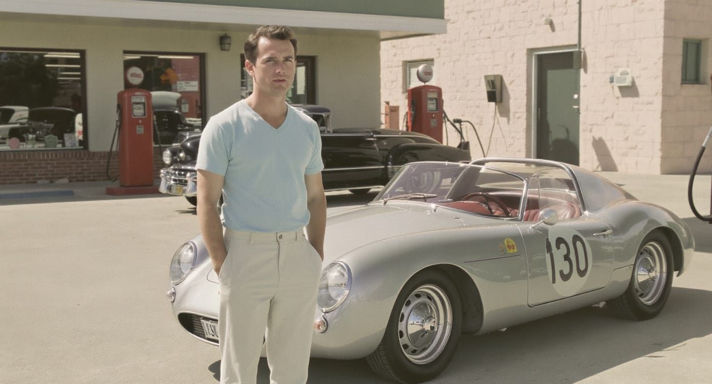 1950s Gas Station Scene with Porsche 550 Spyder
