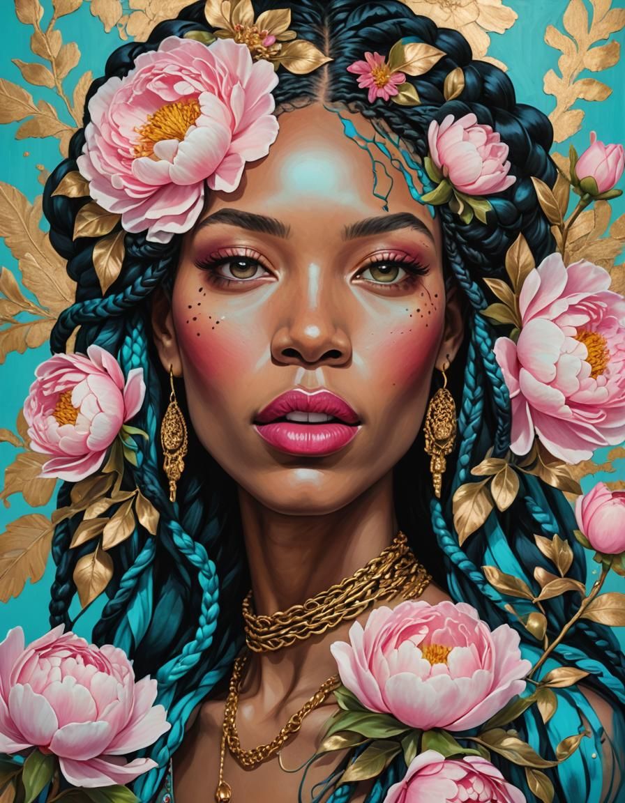 Floral Surrealist Portrait with Gold Leaf Highlights