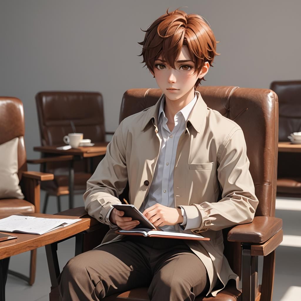 Auburn-Haired Boy with Notepad in Anime Style