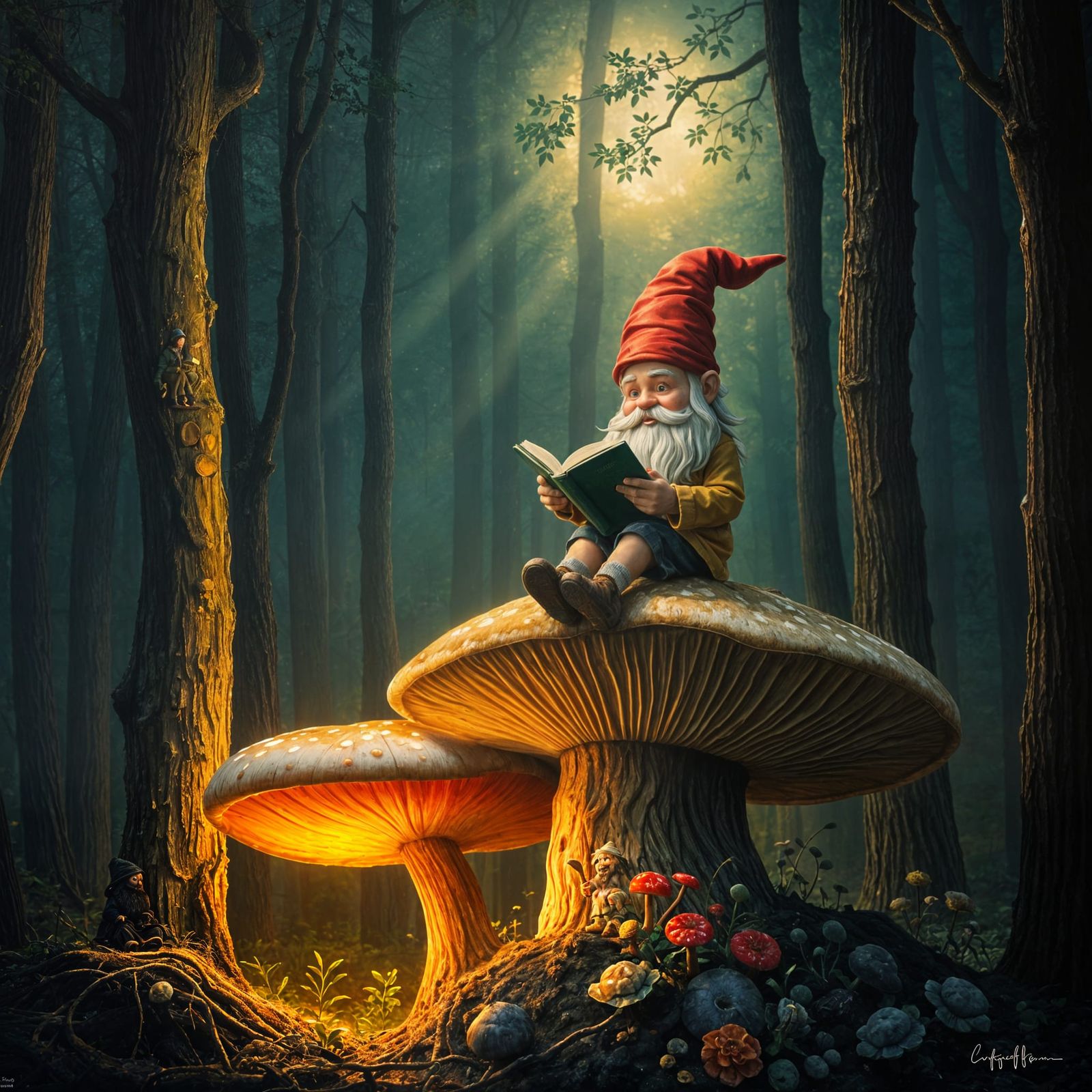 Gnome Reading Book on Mushroom, Impressionist Oil Painting