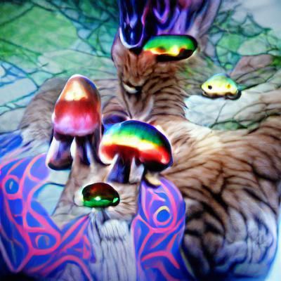 Psychedelic Rainbow Cat Prince in Mushroom Forest