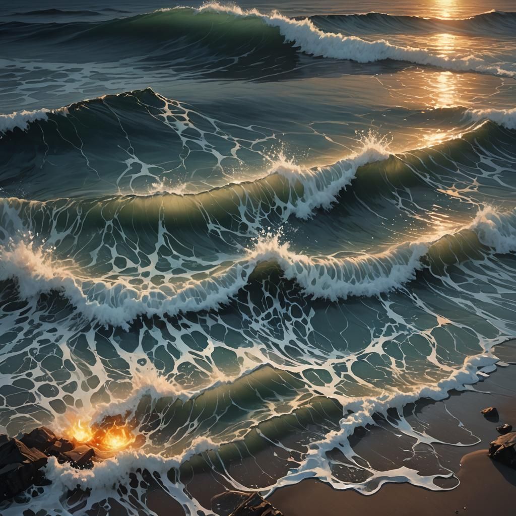 Hyperrealistic Dawn Seascape with Ghostly Figure