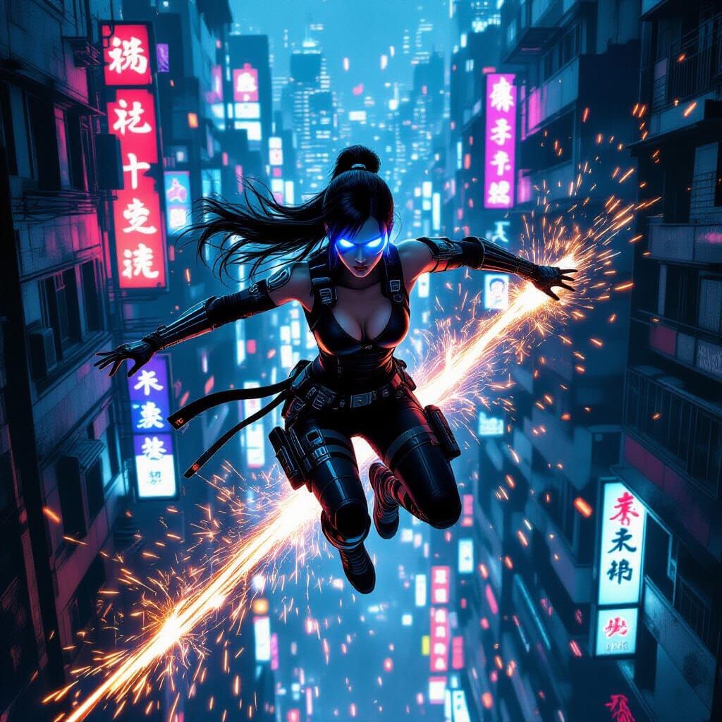 Cyberpunk Ninja Leaps Across Neon Cityscape
