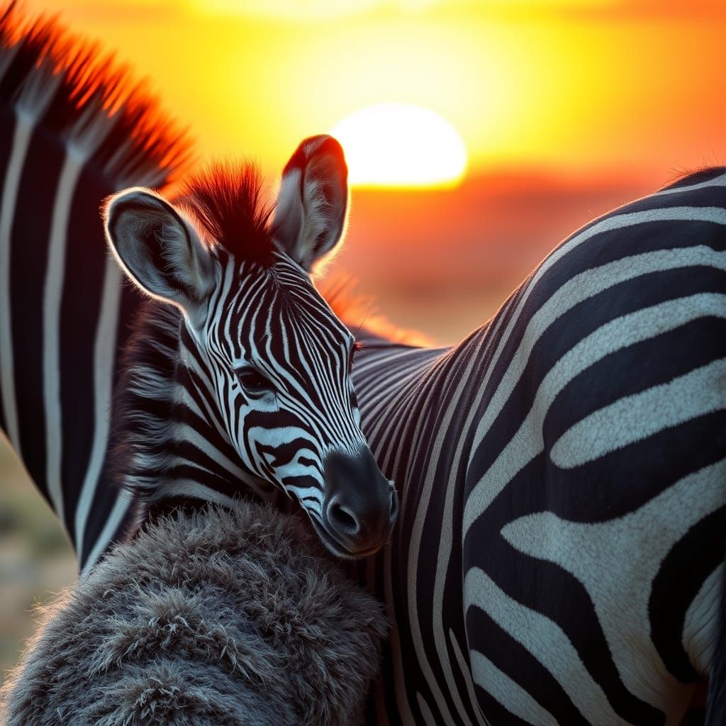 Zebra Foal Snuggles Mother at Sunset