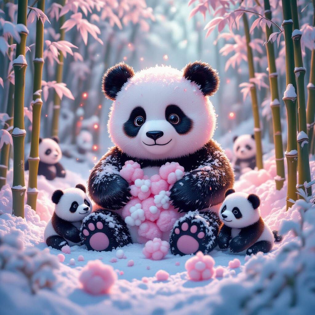 Pink Cotton Candy Panda in Rococo Bamboo Forest