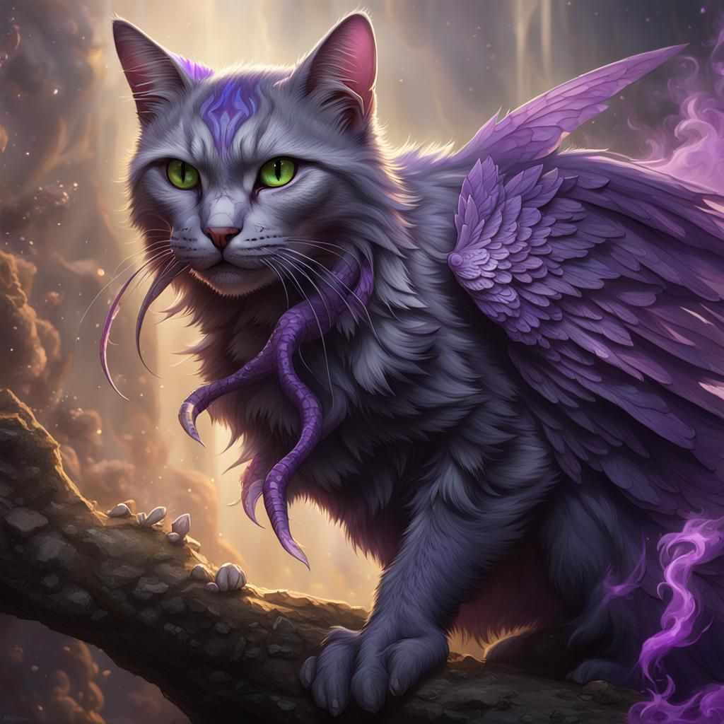 Winged Feral Cat with Purple Smoke, Fantasy Art