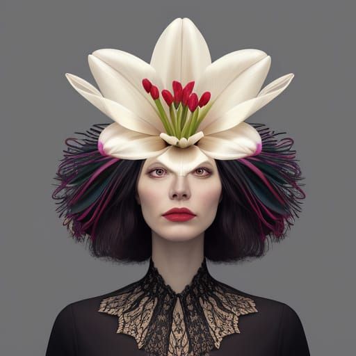 Surreal. A tired woman with a hyperdetailed tulip blooming out of her head.