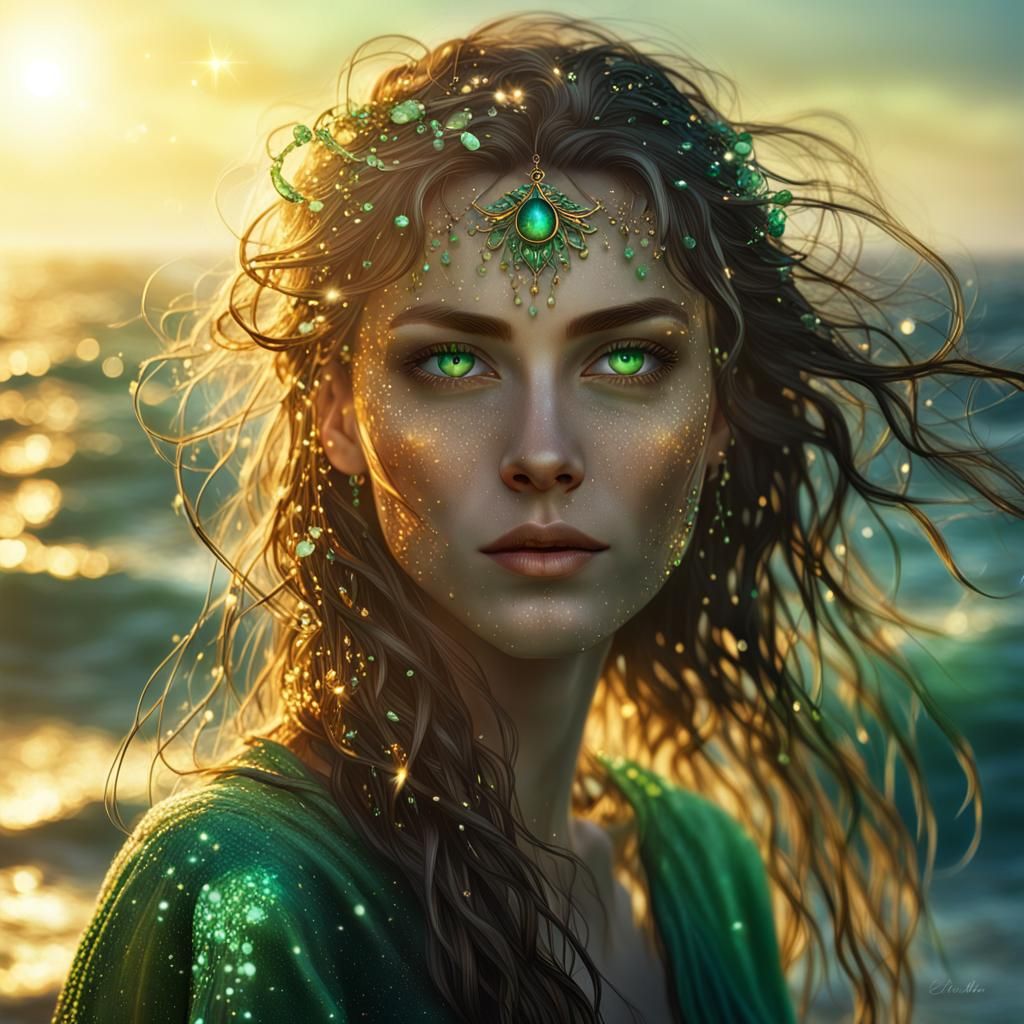 Emerald-Eyed Woman Portrait in Golden Sunlight
