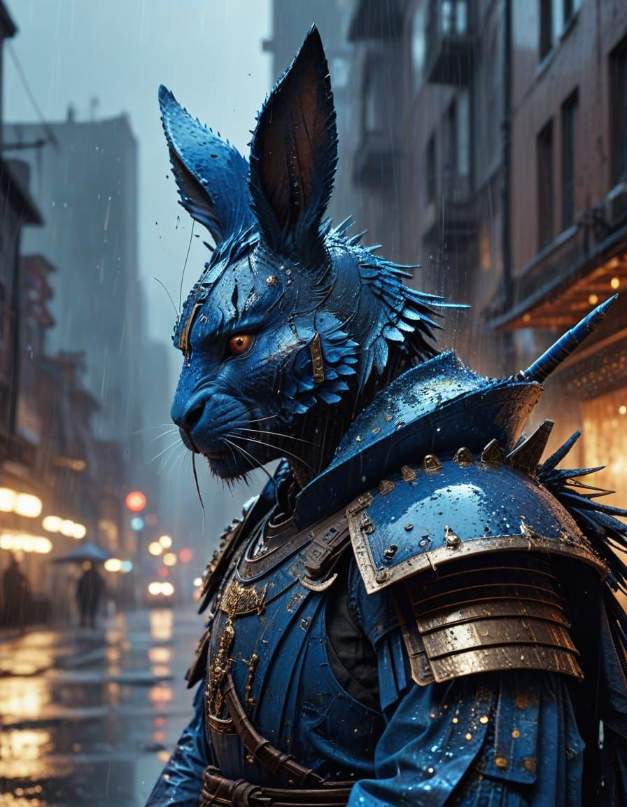 Blue Samurai Rabbit Portrait in Hyperdetailed Armor