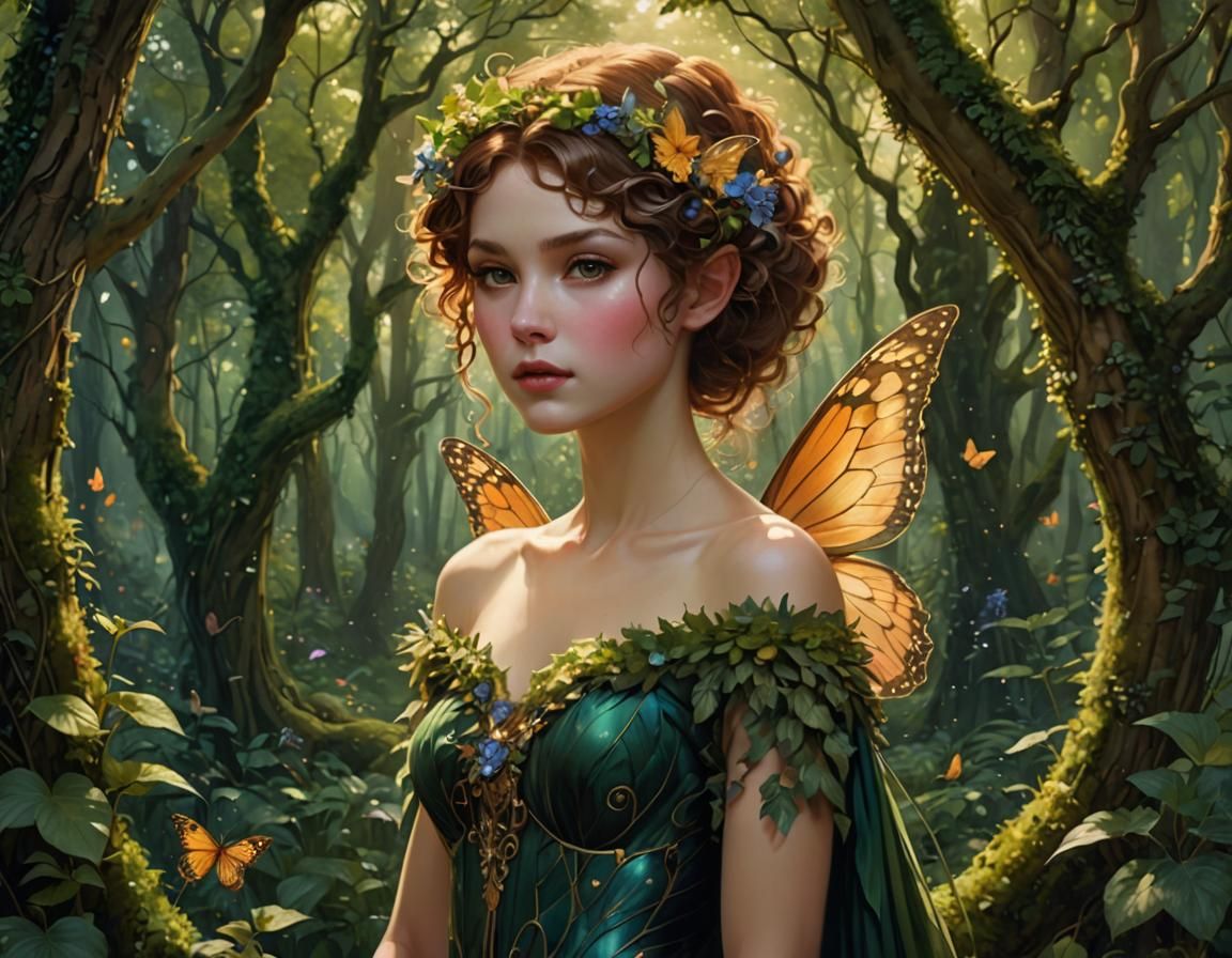 Pixie in Magical Woodland Grove, Klimt-Inspired Digital Art