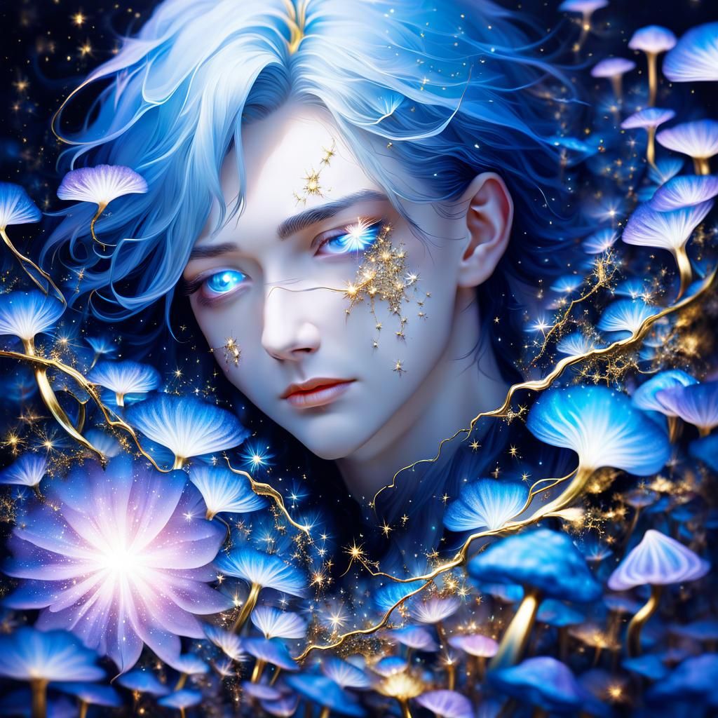 Surreal Dreamscape: Neon Hair and Cosmic Gold