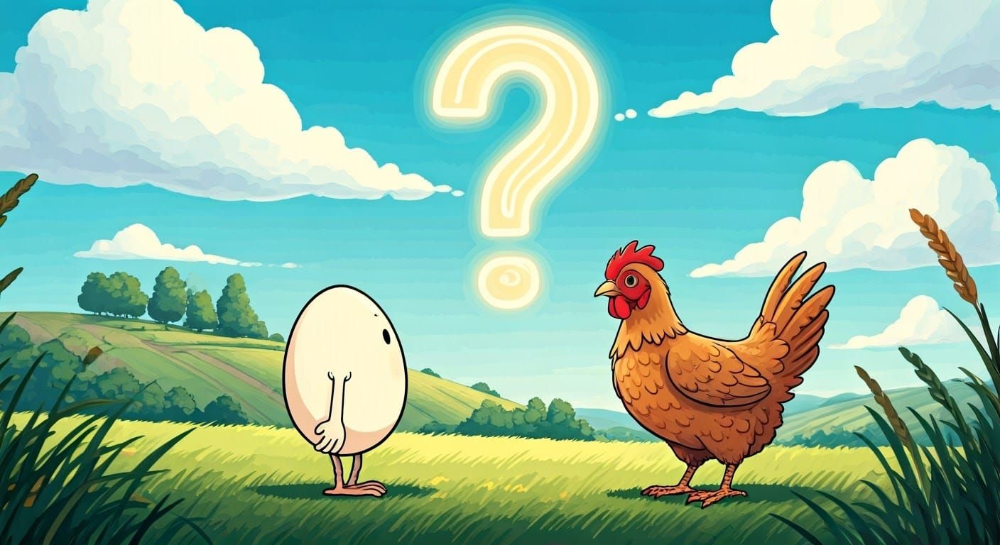 Whimsical Face-Off Between Curious Egg and Puzzled Chicken i...