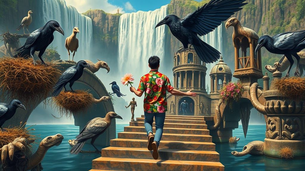 Floating Water City with Crows in Bosch Style