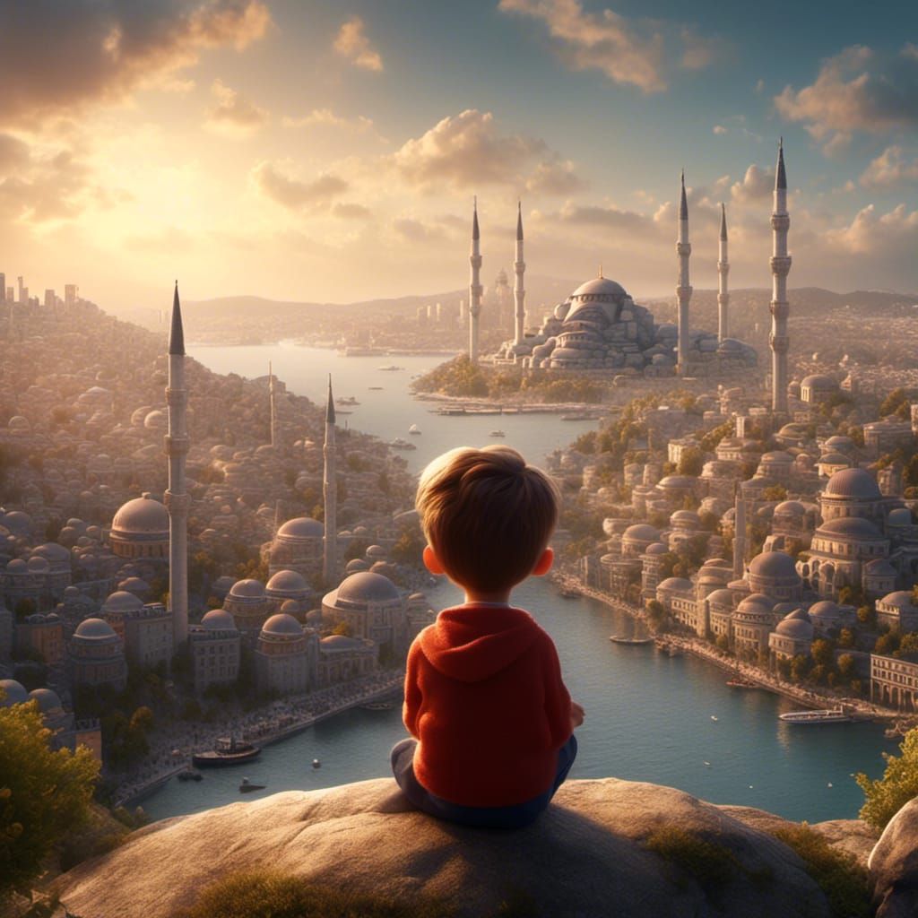 Cartoon Boy Overlooking Istanbul with Mosques
