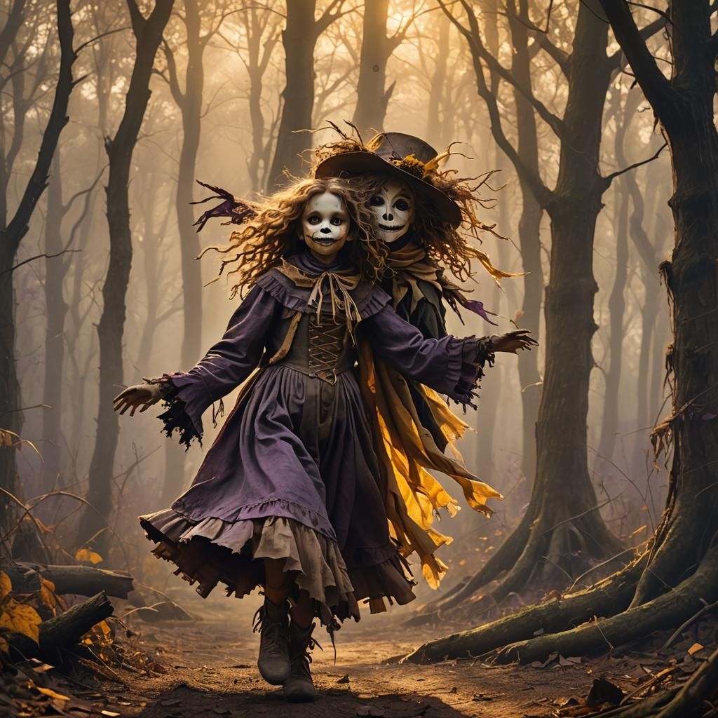 Scarecrow and Girl Dancing in Mystical Forest