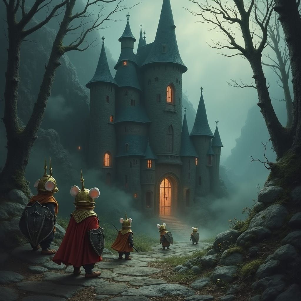 Mice in Miniature Armor Stand Before the Dark Evil House