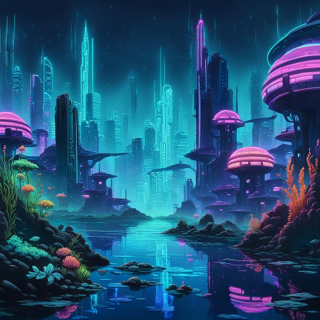 Cyberpunk Underwater Cityscape with Bioluminescent Flora