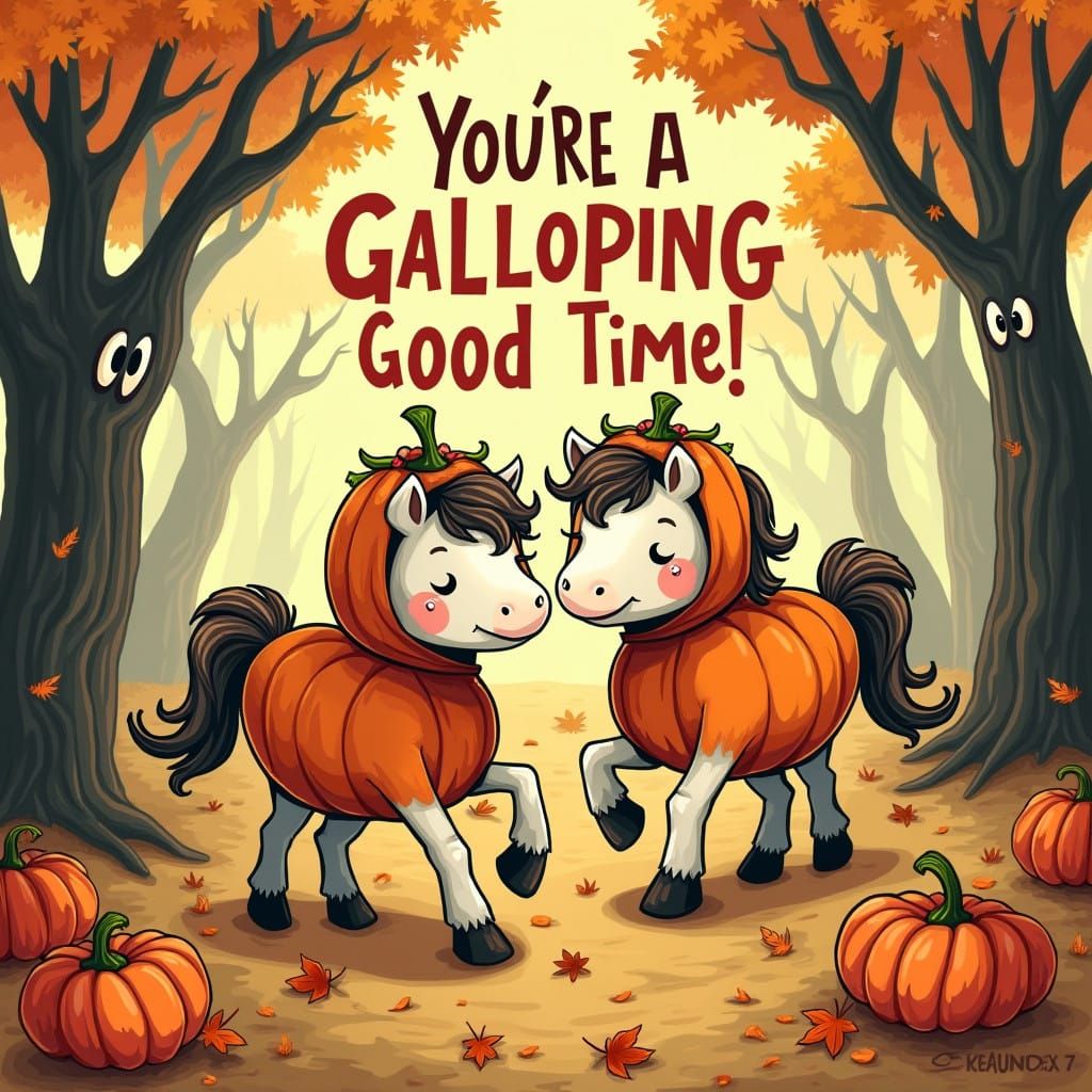 Whimsical Ponies in Pumpkin Costumes Trot through a Spooky F...