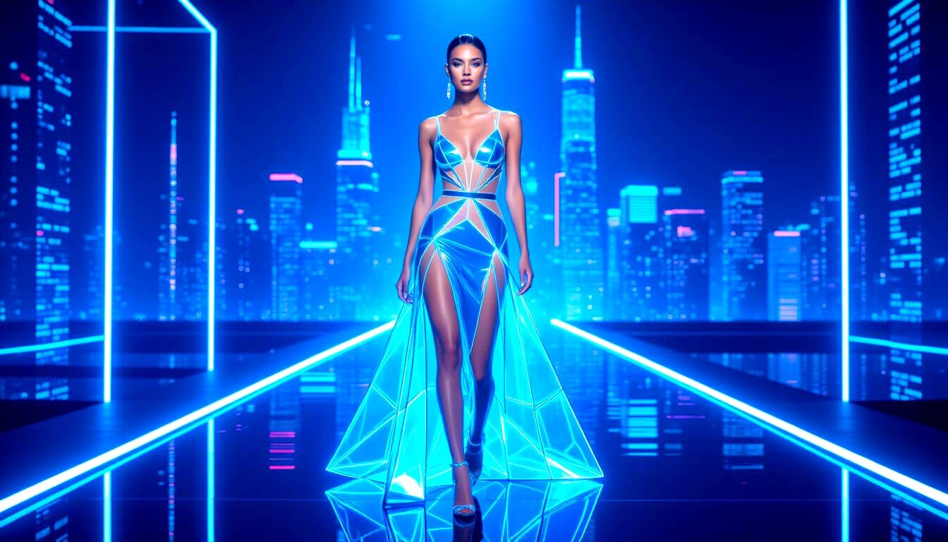Futuristic Model in Glowing Blue Glass Dress