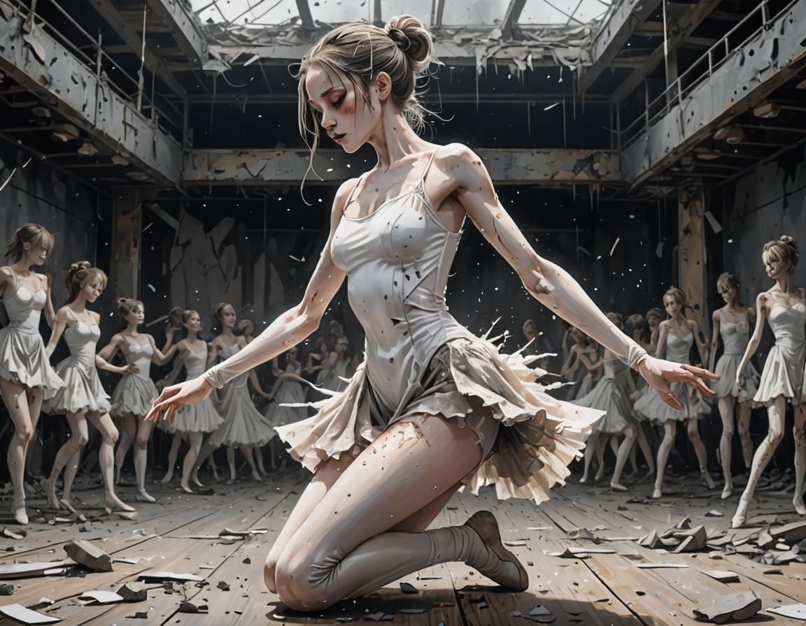 Ballerina Disintegrating into Ash on Decaying Stage